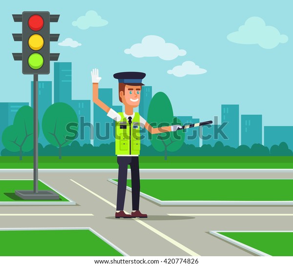 Traffic\
policeman. Vector flat cartoon\
illustration