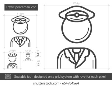 Traffic policeman vector line icon isolated on white background. Traffic policeman line icon for infographic, website or app. Scalable icon designed on a grid system.