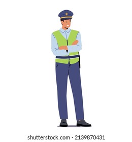 Traffic Policeman Wear Uniform and Green Vest with Crossed Arms Isolated on White Background. Police Officer Male Character Professional Occupation, Road Inspector. Cartoon People Vector Illustration