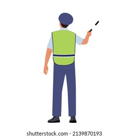 Traffic Policeman Wear Uniform Holding Baton Rear View Isolated on White Background. Police Officer Male Character Professional Occupation, Road Inspector Job. Cartoon People Vector Illustration