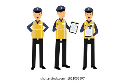 Traffic Policeman Wearing Yellow Vest Writing out Fines Vector Illustration Set