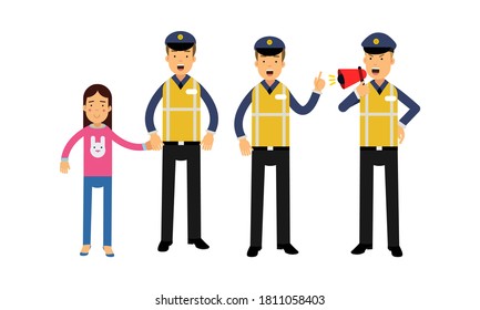Traffic Policeman Wearing Yellow Vest Speaking Megaphone and Holding Little Girl by the Hand Vector Illustration Set
