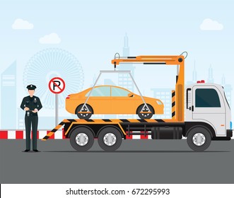 Traffic policeman writing a parking ticket to car in no parking area and tow away no parking sign, vector illustration .
