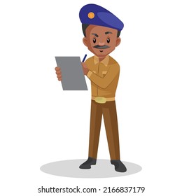 Traffic policeman is writing something on a clip pad. Vector graphic illustration. Individually on a white background.	