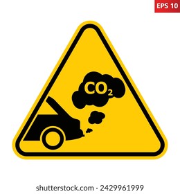 Señal de advertencia de contaminación del tráfico. Señal de triángulo amarillo con tubo de escape de coche y gases de combustión. Símbolo de nube de esmog de CO2. Prohibición de vehículos alimentados con combustibles fósiles. Solo coches eléctricos. Ilustración vectorial.