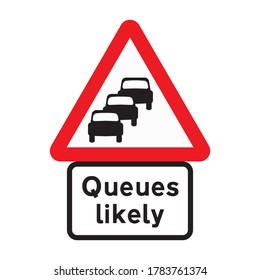 Traffic queues likely ahead.Traffic jam road sign. Congestion Likely. Vector illustration of red triangular warning traffic sign isolated on white background.