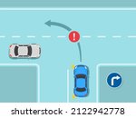 Traffic regulating rules and tips. Safety car driving. Blue sedan car is about to make a left turn on a three way junction with right turn only road sign. Flat vector illustration template.