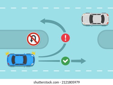 Traffic regulating rules and tips. Safety car driving. No u-turn traffic or road sign meaning. Correct and incorrect motion of a blue sedan car. Flat vector illustration template.