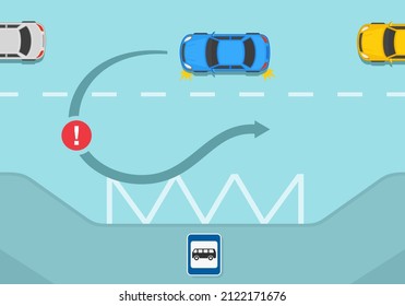 Traffic regulating rules and tips. Safety car driving. Blue sedan car is about to make a u-turn on city road. No u-turns near bus stop. Flat vector illustration template.