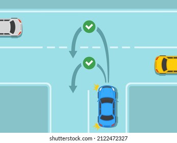 Traffic regulating rules and tips. Safety car driving. Blue sedan car is about to make a u-turn on a three way junction. Permitted types of u-turn. Flat vector illustration template.