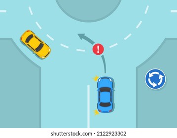 Traffic regulating rules and tips. Safety car driving. How to drive a roundabout. No left turn on roundabout. Incorrect turn scene. Flat vector illustration template.