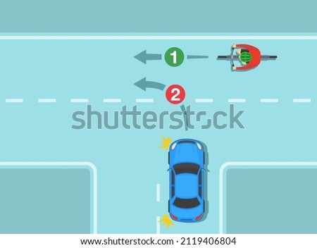 Traffic regulating rules and tips. Safety bicycle and car driving. Giving way to cyclist on the continuing road when entering the road. Flat vector illustration template.