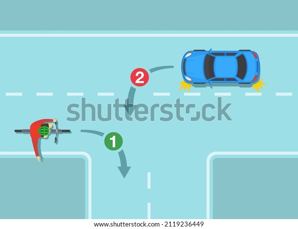 Traffic regulating rules and tips. Safety\
bicycle and car driving. Giving way to oncoming traffic when\
turning left. Flat vector illustration\
template.