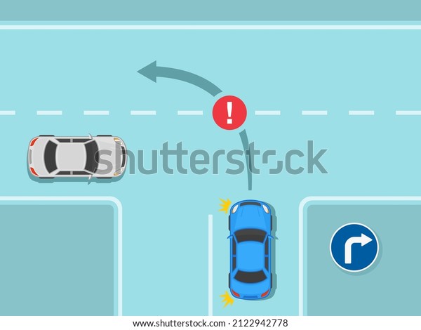 Traffic regulating rules and tips. Safety car\
driving. Blue sedan car is about to make a left turn on a three way\
junction with right turn only road sign. Flat vector illustration\
template.