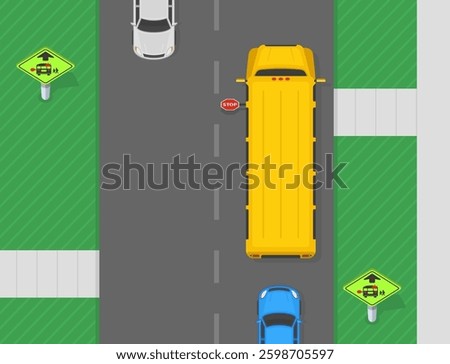 Traffic regulation and driving tips. School bus stop ahead sign area. Yellow bus stops to pick up or drop off students. Top view. Flat vector illustration template.