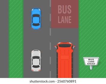 Traffic regulation and driving tips. Top view of a street with bus lane. Bus lane ahead sign area. Flat vector illustration template.