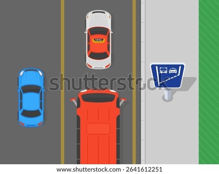 Traffic regulation and driving tips. Top view of a traffic flow on street with bus lane. Bus and taxi lane begins sign in UAE. Flat vector illustration template.