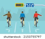 Traffic regulation on roads. Safe bicycle riding. Lane direction road sign and road marking. Back view of a cyclists showing turning gesture while cycling. Flat vector illustration.