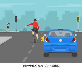 Traffic regulation on roads. Safe bicycle riding. Cyclist turning left on crossroad. Back view of a cyclist showing turning gesture while cycling. Left turning traffic flow. Flat vector illustration.