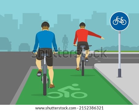 Traffic regulation on roads. Safe bicycle riding. Cyclist turning right on bike lane junction. Back view of a cyclist showing turning gesture while cycling. Flat vector illustration.
