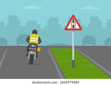 Traffic regulation rules. Back view of a motorcycle rider making a u-turn. "Gap in median" road sign on left side drive motorway. Flat vector illustration template.