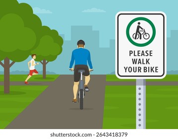 Regras de regulação do tráfego. Vista traseira de ciclista andando de bicicleta no parque onde o ciclismo é proibido. "Ande pela sua bicicleta" área de sinalização rodoviária. Modelo de ilustração de vetor plano.