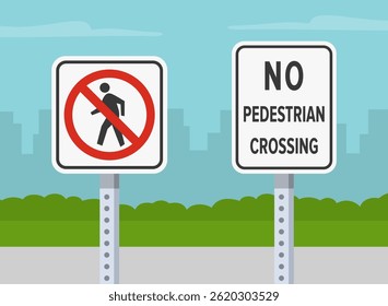 Regras de trânsito e dicas de condução. Close de dois tipos de placa "Sem passagem de pedestre" dos Estados Unidos. Modelo de ilustração de vetor plano.
