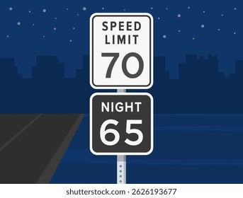 Normas de regulación del tráfico y consejos de conducción. Primer plano de dos tipos de letrero de "límite de velocidad" de Estados Unidos. Límite de velocidad diurna y nocturna. Plantilla de Ilustración vectorial plana.