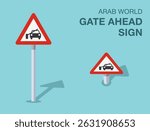 Traffic regulation rules. Isolated Arab world "gate ahead" road sign. Front and top view. Flat vector illustration template.