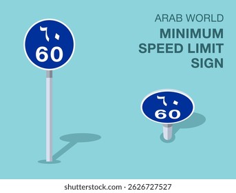 Vorschriften zur Verkehrsregelung. Isolierte arabische Welt "Minimum Speed Limit" Straßenschild. Vorder- und Draufsicht. Flache Vektorgrafik-Vorlage.