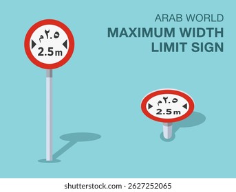 Vorschriften zur Verkehrsregelung. Isolierte arabische Welt "maximale Breite Grenze" Straßenschild. Vorder- und Draufsicht. Flache Vektorgrafik-Vorlage.