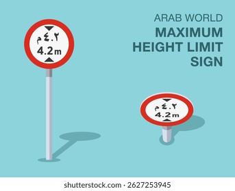 Traffic regulation rules. Isolated Arab world "maximum height limit" road sign. Front and top view. Flat vector illustration template.