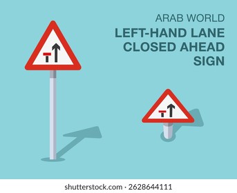 Traffic regulation rules. Isolated Arab world "left-hand lane closed ahead" road sign. Front and top view. Flat vector illustration template.