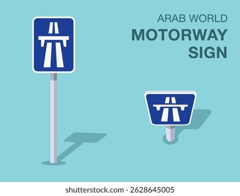 Traffic regulation rules. Isolated Arab world "motorway" road sign. Front and top view. Flat vector illustration template.