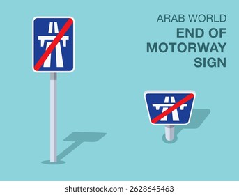 Traffic regulation rules. Isolated Arab world "end of motorway" road sign. Front and top view. Flat vector illustration template.