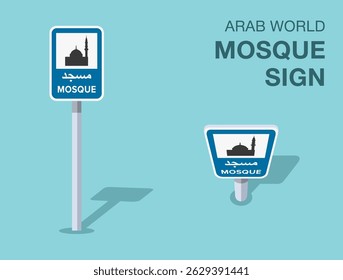 Traffic regulation rules. Isolated Arab world "mosque" road sign. Front and top view. Flat vector illustration template.