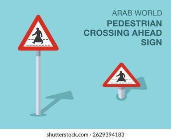 Traffic regulation rules. Isolated Arab world "pedestrian crossing ahead" road sign. Front and top view. Flat vector illustration template.