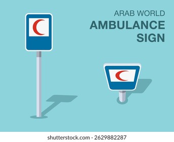 Traffic regulation rules. Isolated Arab world "ambulance or first aid" road sign. Front and top view. Flat vector illustration template.