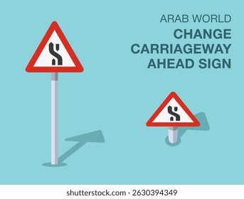 Traffic regulation rules. Isolated Arab world "change carriageway ahead" road sign. Front and top view. Flat vector illustration template.