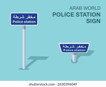 Traffic regulation rules. Isolated Arab world "police station" road sign. Front and top view. Flat vector illustration template.