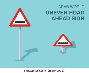 Traffic regulation rules. Isolated Arab world "uneven road or surface ahead" road sign. Front and top view. Flat vector illustration template.