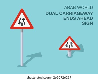 Traffic regulation rules. Isolated Arab world "dual carriageway ends ahead" road sign. Front and top view. Flat vector illustration template.