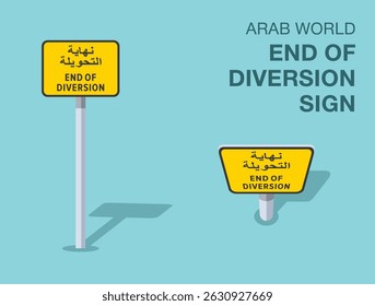 Traffic regulation rules. Isolated Arab world "end of diversion" road sign. Front and top view. Flat vector illustration template.
