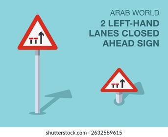 Traffic regulation rules. Isolated Arab world "two left-hand lanes closed ahead" road sign. Front and top view. Flat vector illustration template.