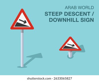 Traffic regulation rules. Isolated Arab world "steep descent,  downhill" road sign. Front and top view. Flat vector illustration template.