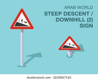 Traffic regulation rules. Isolated Arab world "steep descent,  downhill (2)" road sign. Front and top view. Flat vector illustration template.