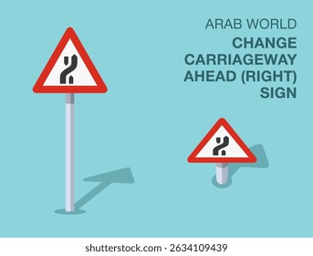 Traffic regulation rules. Isolated Arab world "change carriageway right ahead" road sign. Front and top view. Flat vector illustration template.