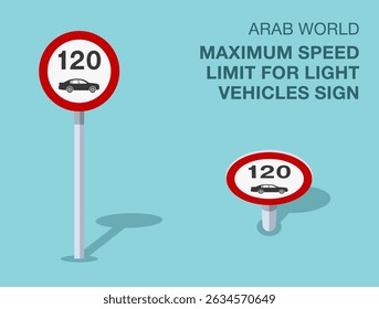 Traffic regulation rules. Isolated Arab world "maximum speed limit for light vehicles" road sign. Front and top view. Flat vector illustration template.