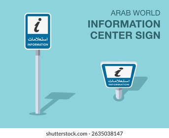 Traffic regulation rules. Isolated Arab world "information center" road sign. Front and top view. Flat vector illustration template.