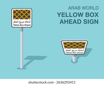 Traffic regulation rules. Isolated Arab world "yellow box ahead" road sign. Front and top view. Flat vector illustration template.